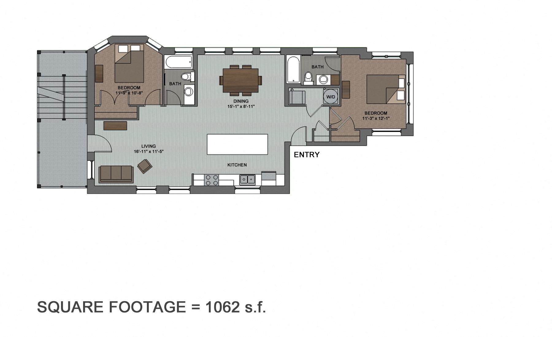 Floor plan for 2 beds, 2 baths, 1062 sqft